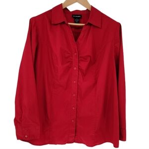 Lane Bryant Button Down Top Ruched Long Sleeve Casual Stretch Cotton Red Plus 22
